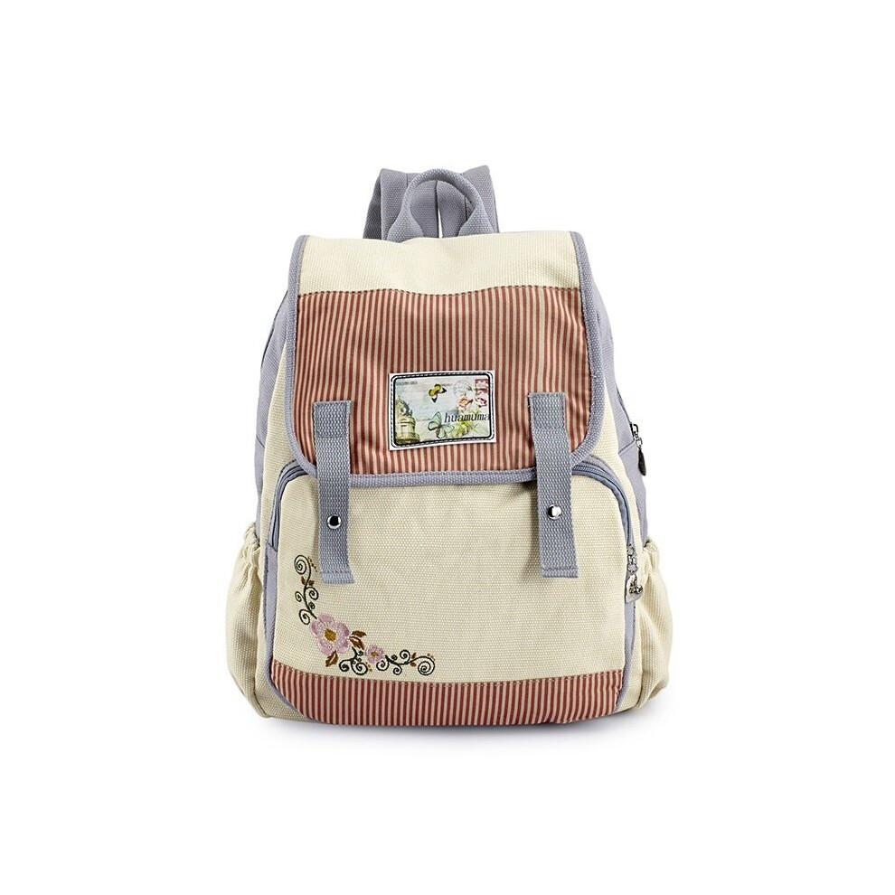 (beige) Canvas striped embroidery flowers shoulder backpack-image-OPC-P5KPSQZ-NEW