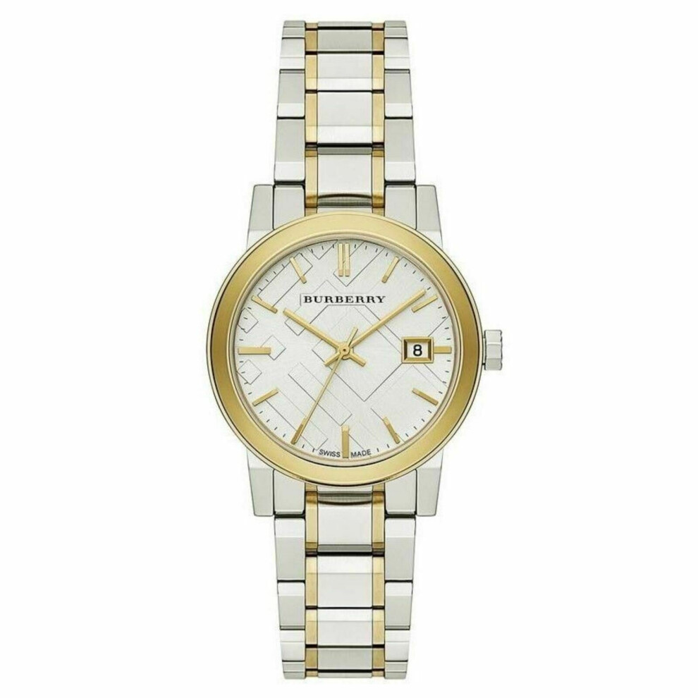 Burberry The City Engraved Check Ladies Watch BU9115|Silver Dial|Dual Tone Strap