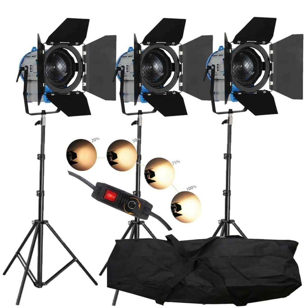 3x 300W Pro Fresnel Tungsten Halogen Video Dimmable Spotlights + Stands & Bag