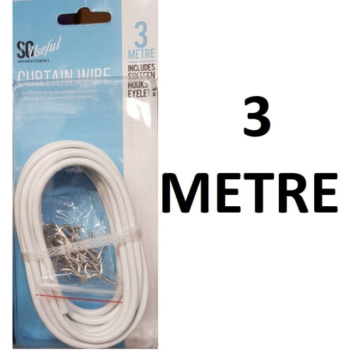 3 Metre White Window Net Curtain Wire Cord Cable With Hooks And Eyes