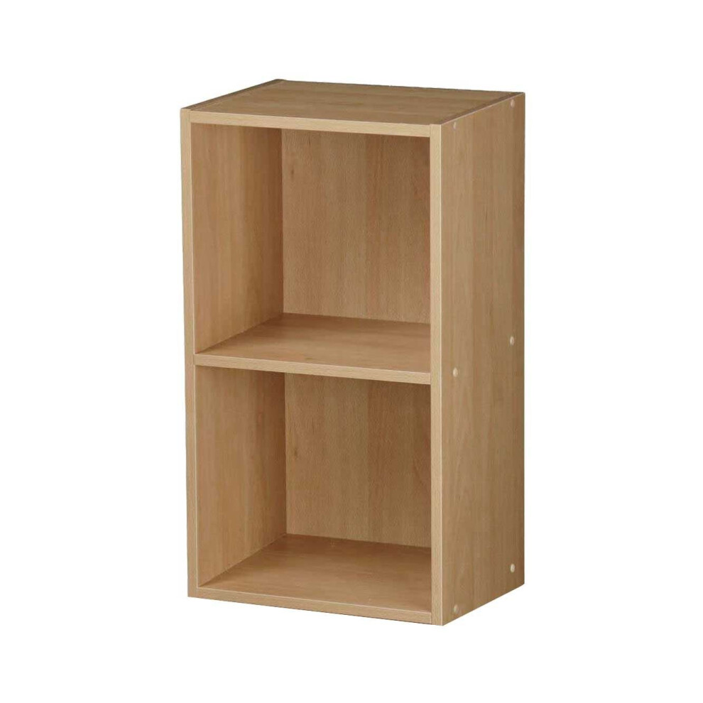 (Oak, 2 Tier) Wooden Storage Unit Cube 2 3 4 Tier Strong Bookcase Shelving Home Office Display