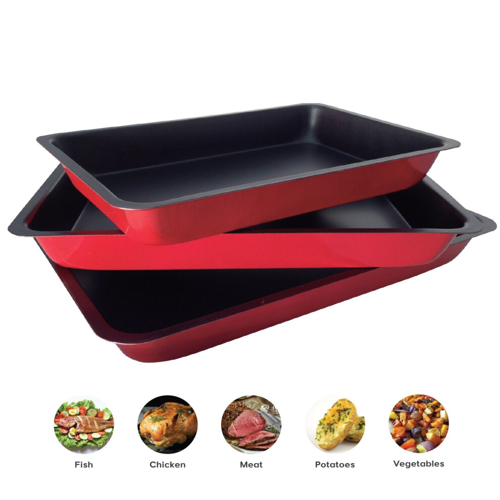 3 Pc Non Stick Baking Roasting Cooking Tray Set Oven Dish Bake Pan Bakeware