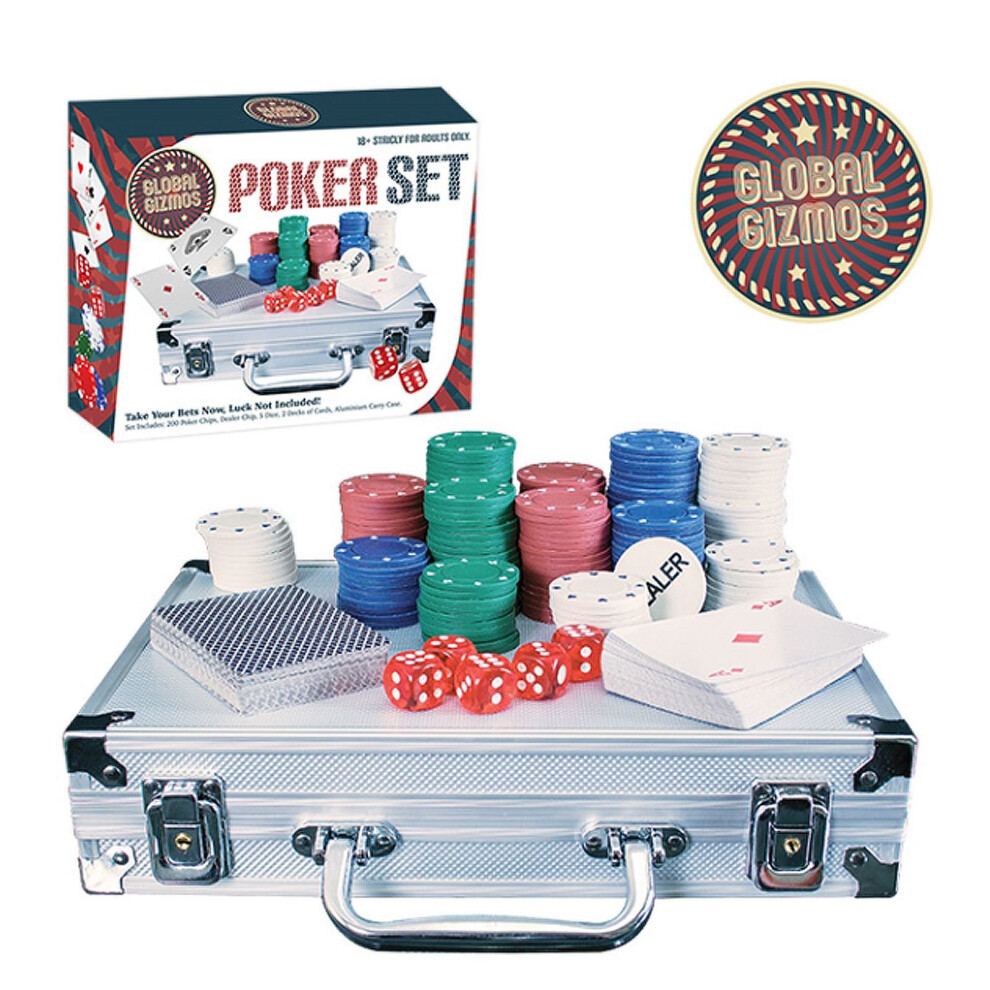 200pc Texas Hold'Em Poker Chip Set 2 Decks Playing Cards 5 Dice Aluminium Case