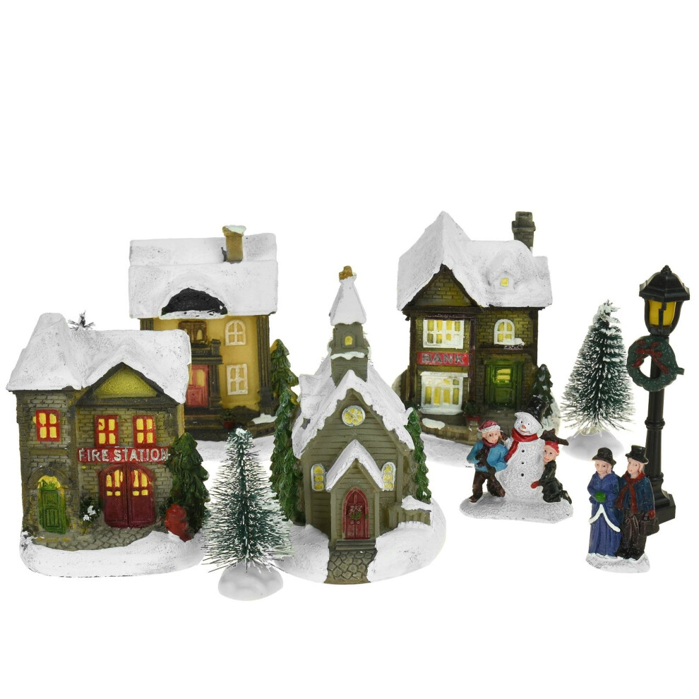Mini World Collectibles 12Pc Mini Village Christmas Winter Scene Xmas Festive Ornament Up Led Light