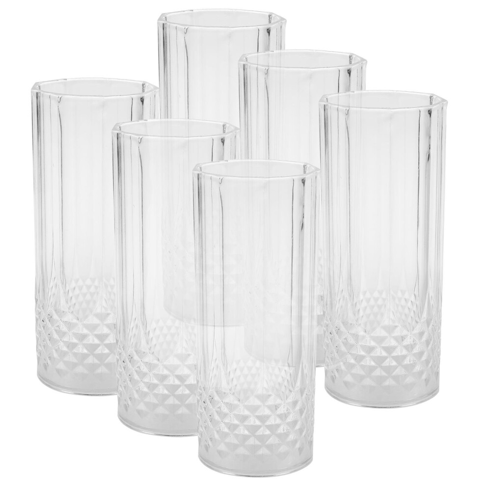 6pk Clear Crystal Effect Long Drink Glasses Plastic Highball Tumblers Reusable