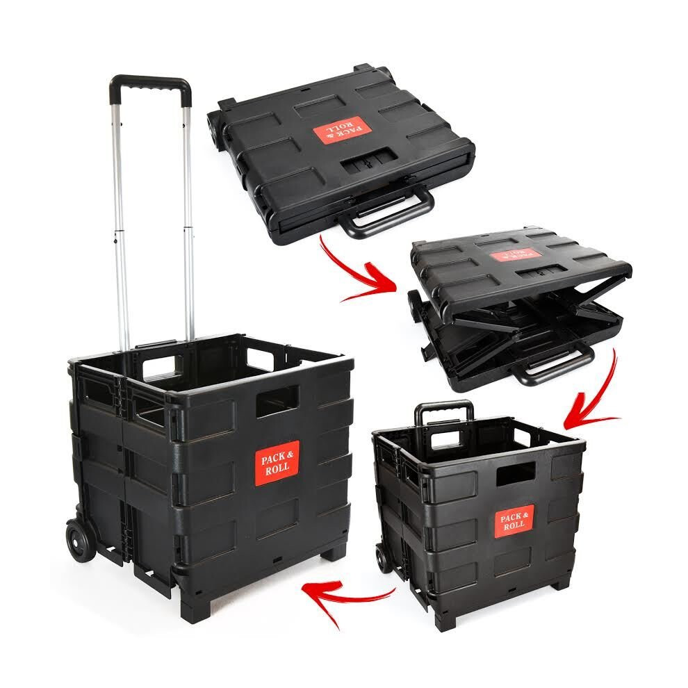 (Black, 35KG) Folding Boot Cart Shopping Trolley Pull Handle Large Rolling Storage Box Tidy