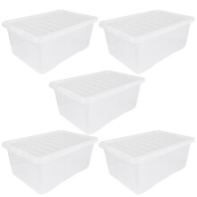 (5 Pack 45L Box) Wham Plastic Storage Shelf Box Stackable Containers Clear With Secure Clip Lid