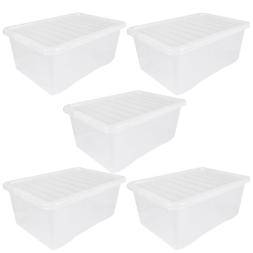 (5 Pack 45L Box) Wham Plastic Storage Shelf Box Stackable Containers Clear With Secure Clip Lid