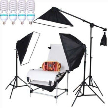 0.6m x 1.3m Photography Studio Lighting Kit Shooting Table, 4x E27 Lighting Heads with Softboxes, 4x 150W Bulbs, 3x 2m Stands, Sandbag Boom Arm