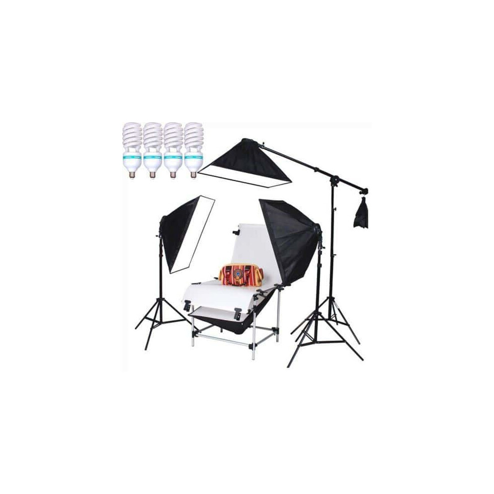 0.6m x 1.3m Photography Studio Lighting Kit Shooting Table, 4x E27 Lighting Heads with Softboxes, 4x 150W Bulbs, 3x 2m Stands, Sandbag Boom Arm