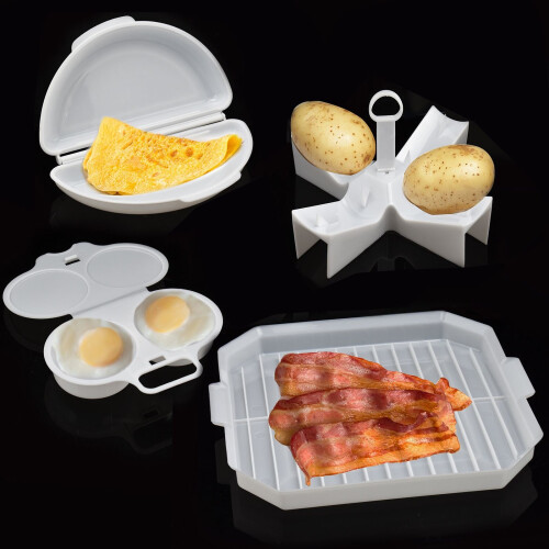 4 Piece Microwave Breakfast Cooking Set Egg Poacher Bacon Potato Omelette Maker