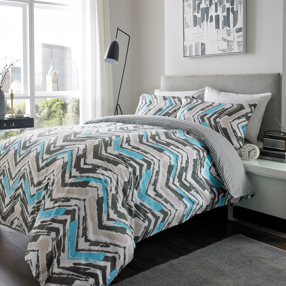 (Chevron Blue, Double) 100% Brushed Cotton Flannel Duvet Cover Single Double King Size Bedding