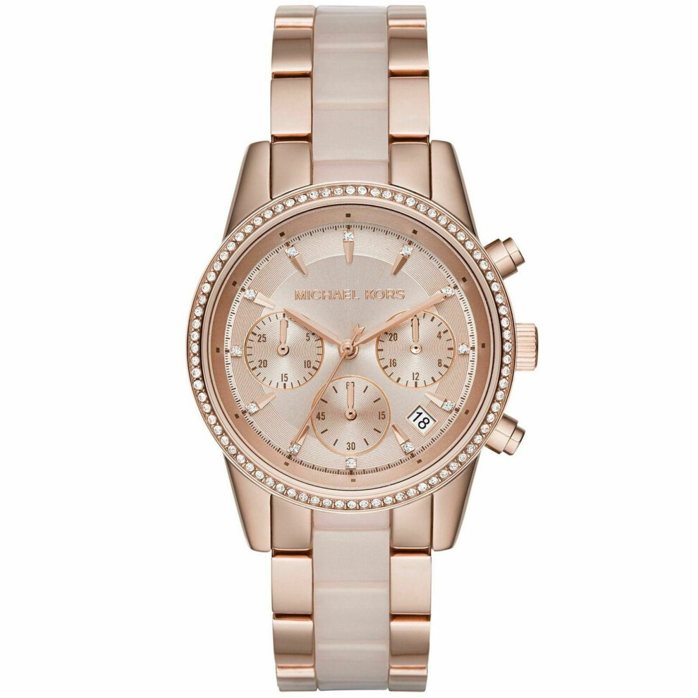 Michael Kors Ritz Ladies Watch|Chronograph|Diamond Accent Bezel|Stainless Strap[Rose Gold Tone - MK6307]