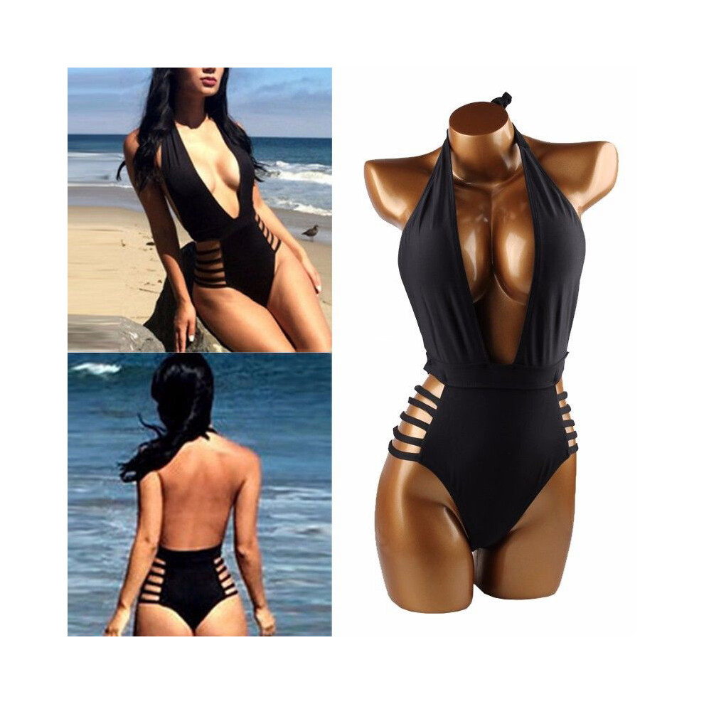 Sexy Deep V Push up Monokini Side Bandage Bikini Thongs Black Swimwear