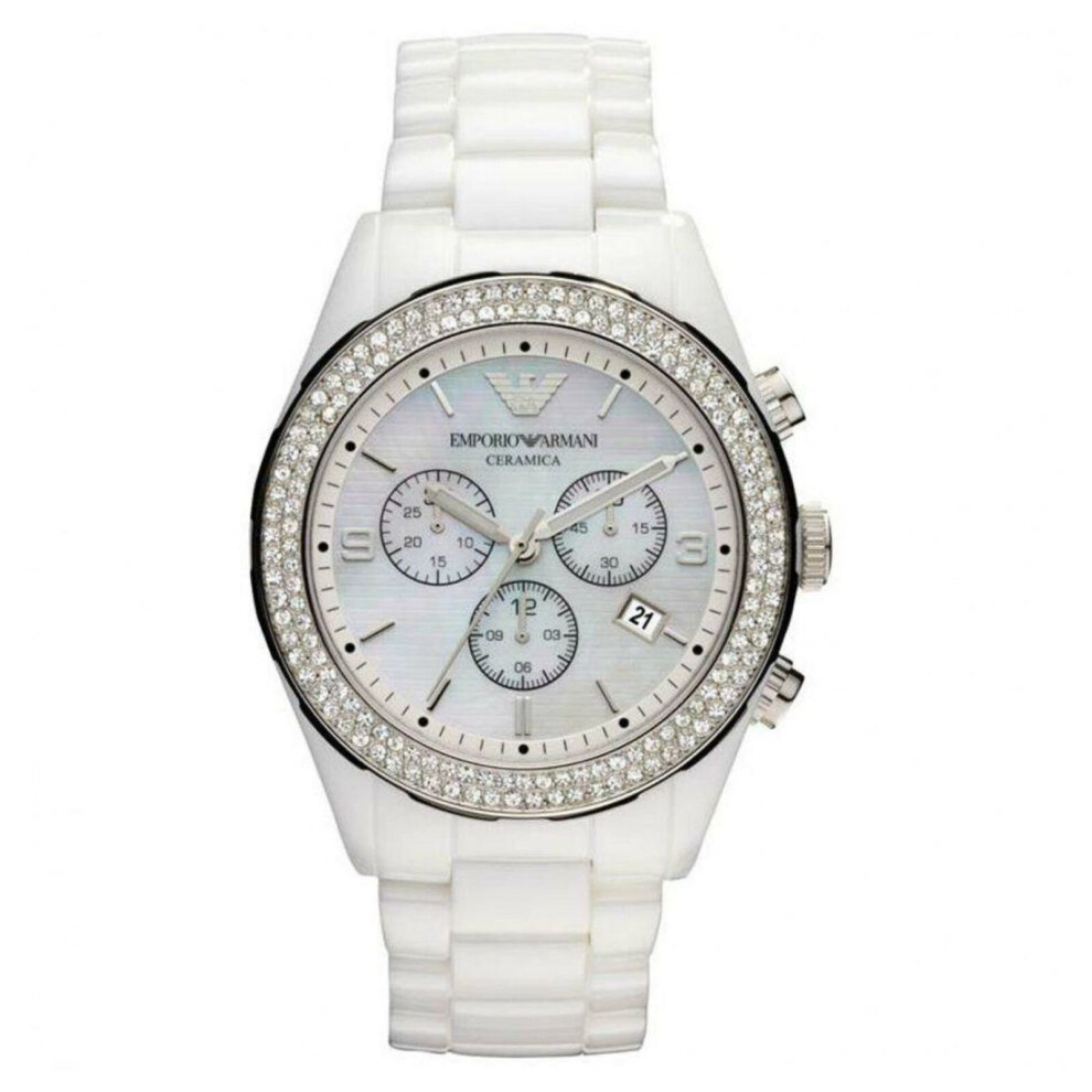 Armani Emporio Ceramic Chronograph Mop Dial Ladies Watch Ar1456 White