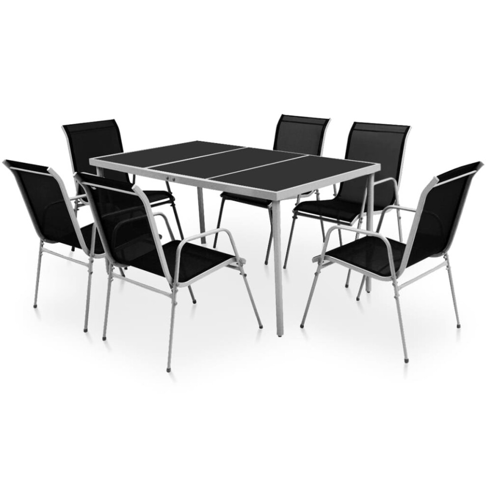 vidaXL Outdoor Dining Set 7 Piece Black Glass Tabletop Stackable Chairs Patio