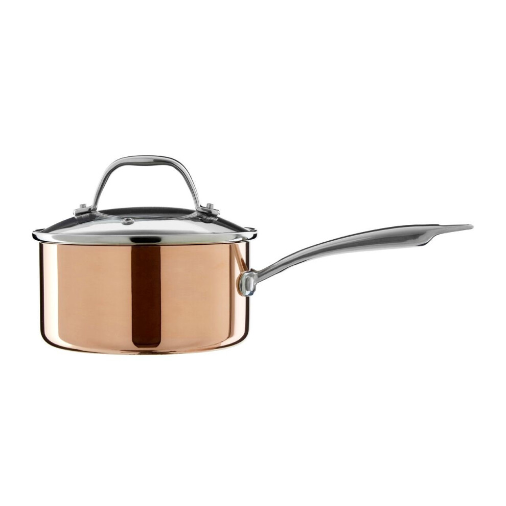 Minerva 16cm Saucepan,Copper/Tri Ply, Glass Lid/Stainless Steel Handle