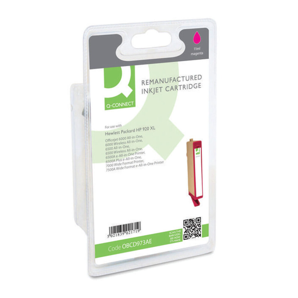 Remanufactured Q-Connect Hp 920XL Magenta Inkjet Cartridge High Yield Cd973 Obcd973ae Pink 5021839021719