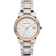 Burberry BU9105 Two-Tone Rose Gold Stainless Steel Bracelet Ladies Watch - White Dial