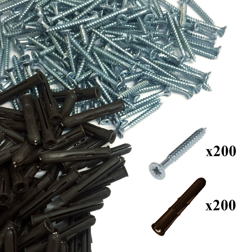 200 x Pozi Screws & 200 x Brown Raw Wall Fixing Plugs, Twin Threaded Countersunk