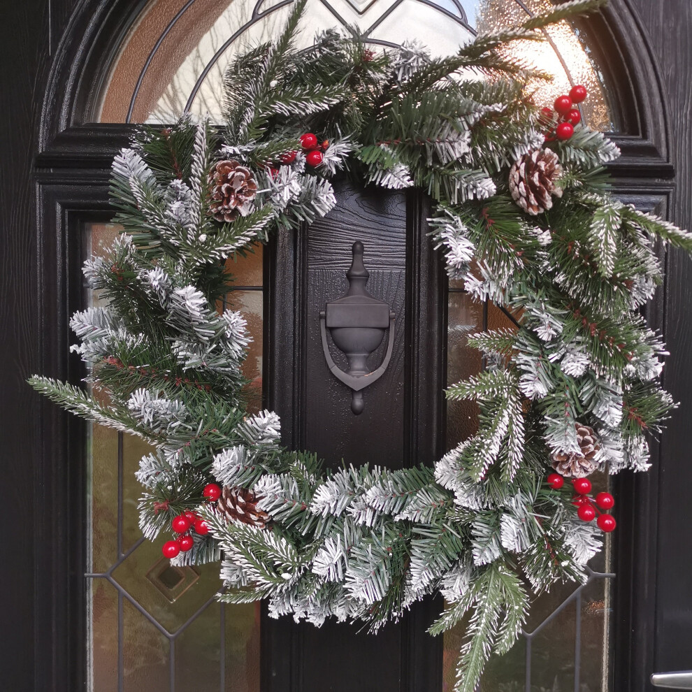 50cm Premier New Jersey Christmas Wreath PVC Snowy Tips With Festive Berries And Cone - Image 2