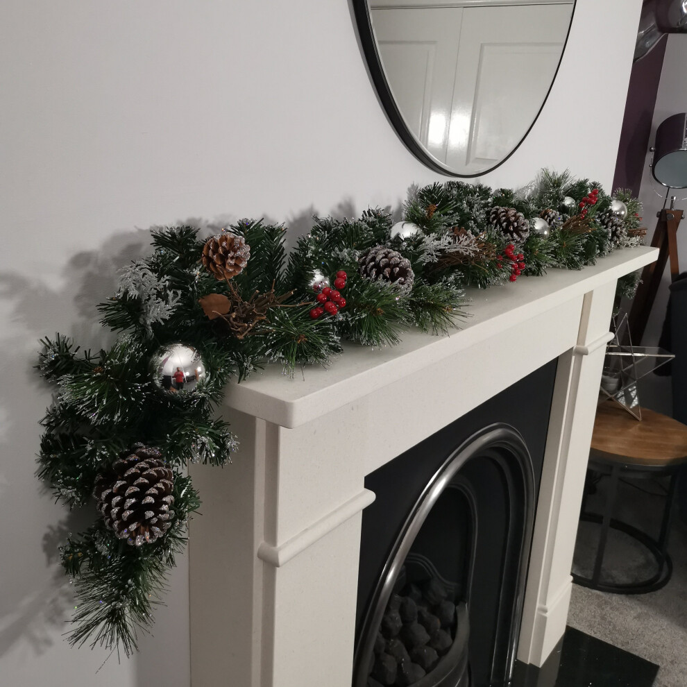 Premier 180Cm (6Ft) Festive Dressed Christmas Garland With Berries Pinecones And Baubles Silver