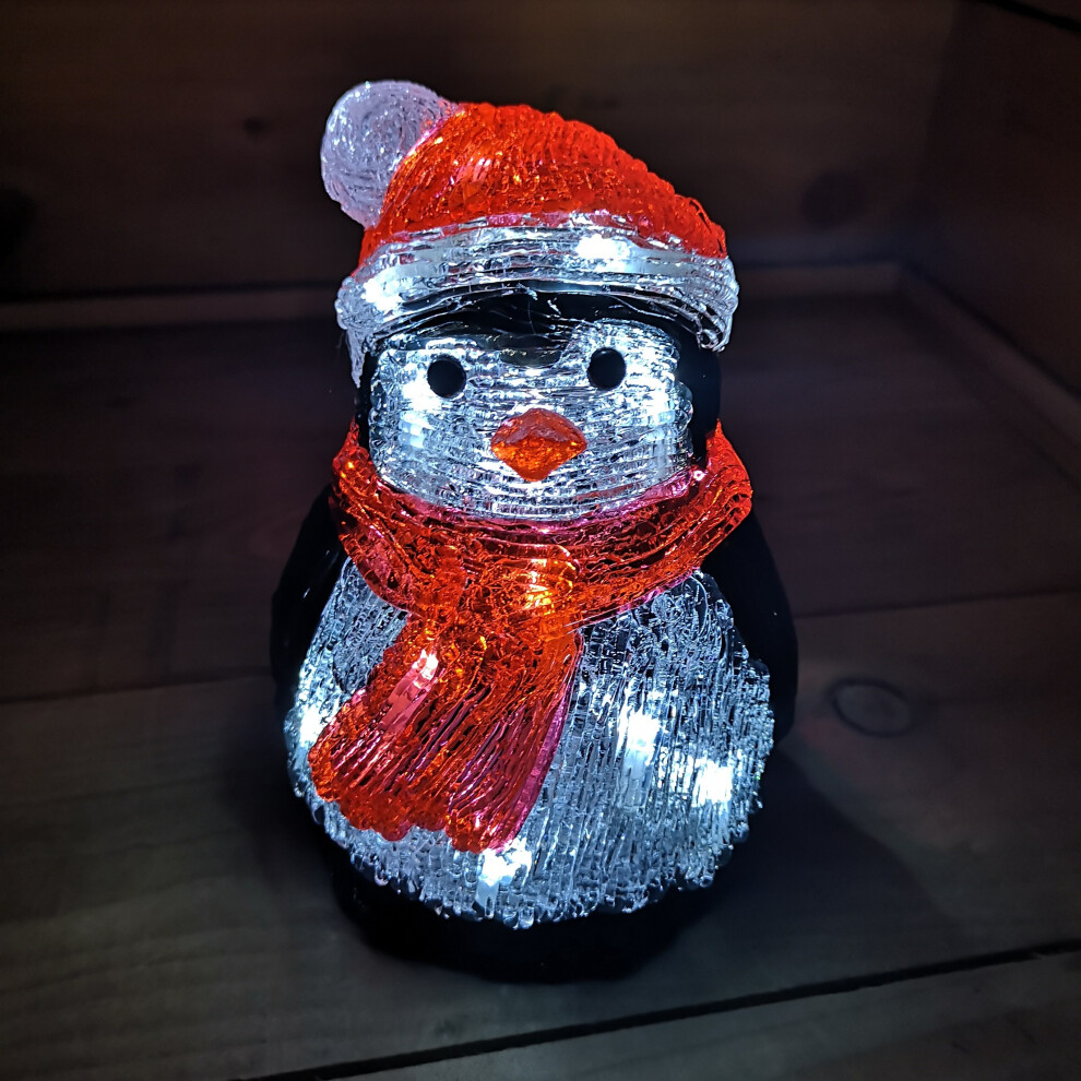 Snow Time 20Cm Festive Christmas Acrylic Sitting Penguin With 16 Leds White