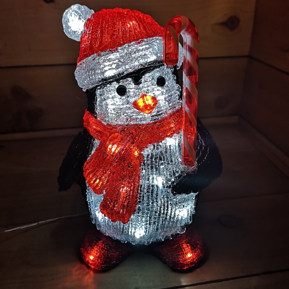 Snow Time 30Cm Acrylic Christmas Penguin With Candy Cane 30 Ice Leds White