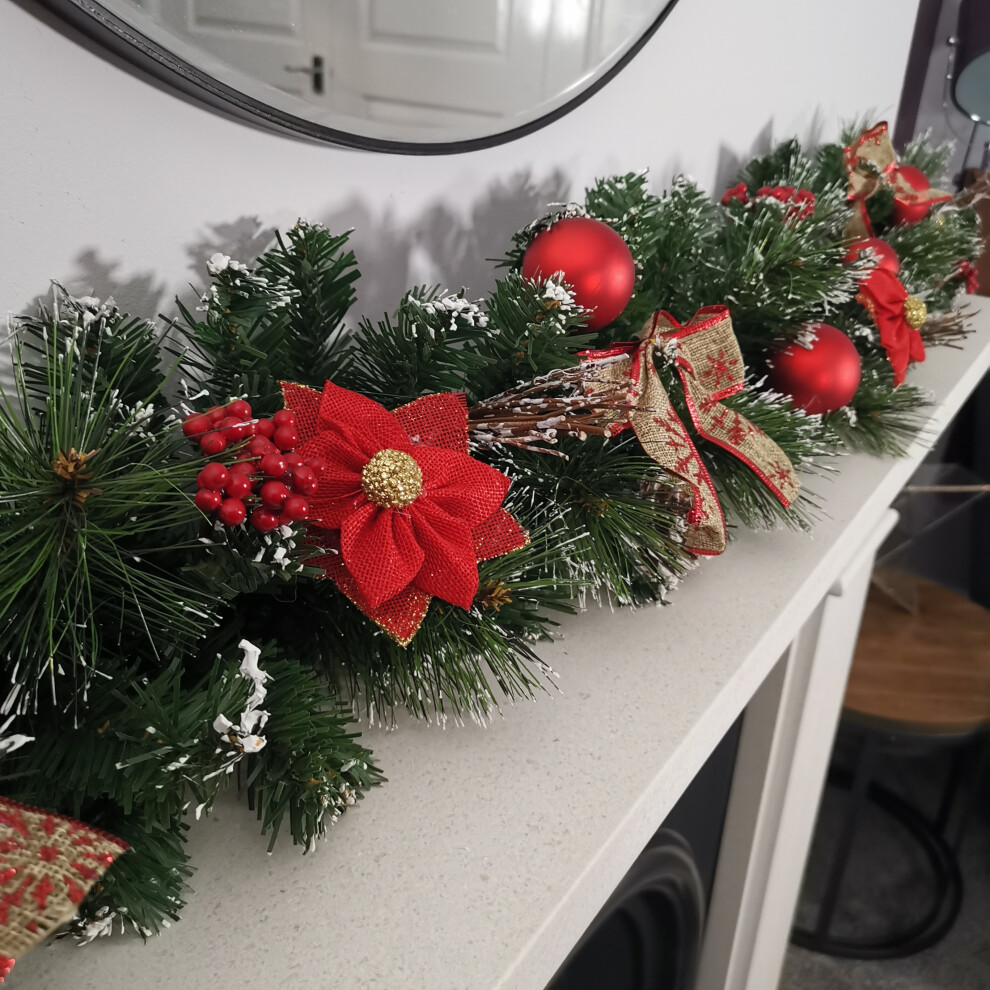 Premier 180Cm (6Ft) Festive Dressed Christmas Garland With Bows And Baubles Red