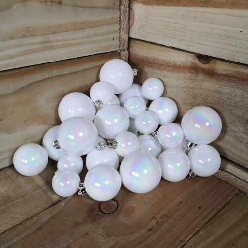 30 Christmas Assorted Shiny Matte Glitter White Iridescent Baubles