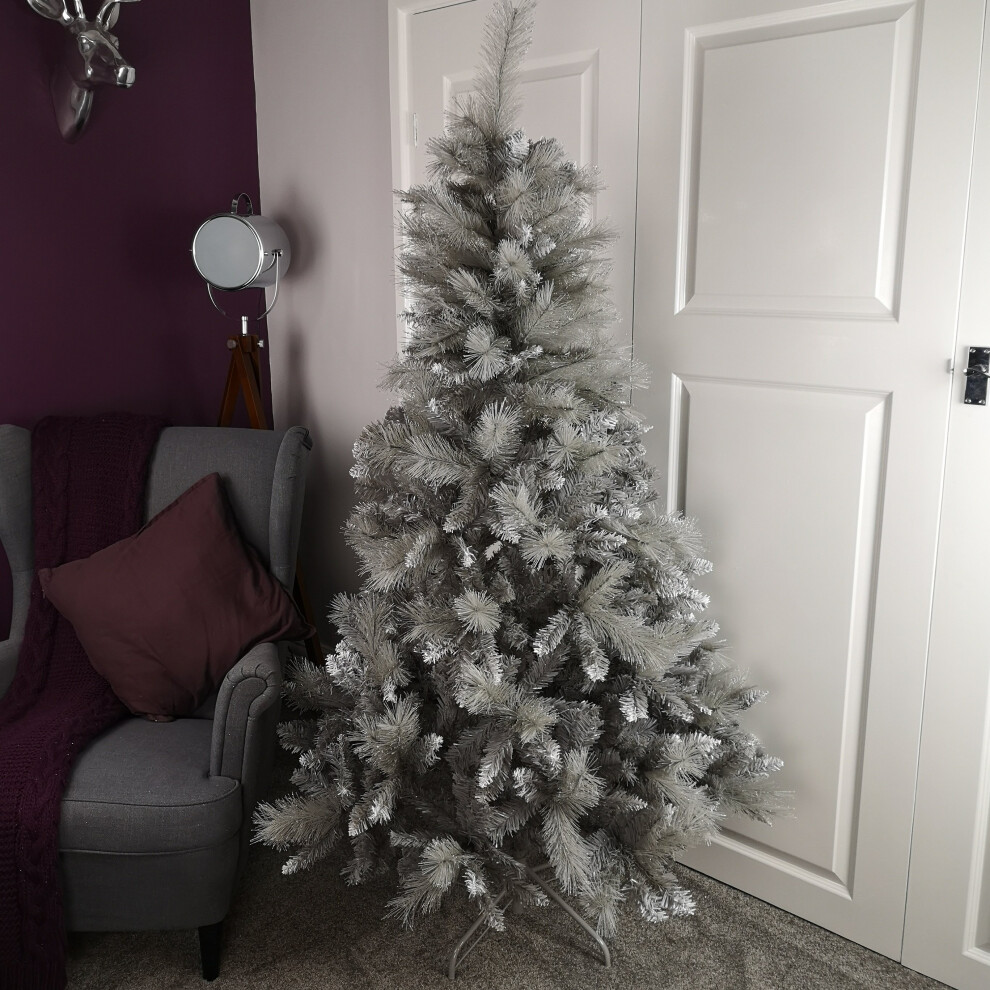 Premier 1.8M 6Ft Glitter Tip Fir Festive Christmas Tree In Grey Pvc With Tipping Silver