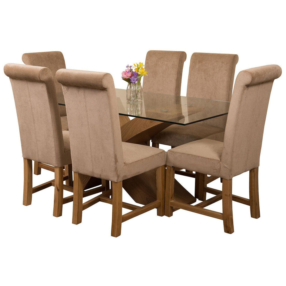 Valencia Oak Small 160cm Wood and Glass Dining Table with 6 Washington Dining Chairs [Beige Fabric]