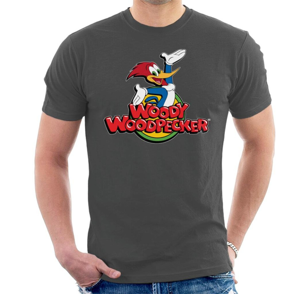 (Medium, Charcoal) Woody Woodpecker Classic Logo Men's T-Shirt