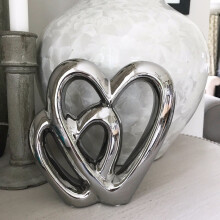 Silver Painted Ceramic Double Heart Ornament - Modern Finish, 15 x 14 x 2 cm