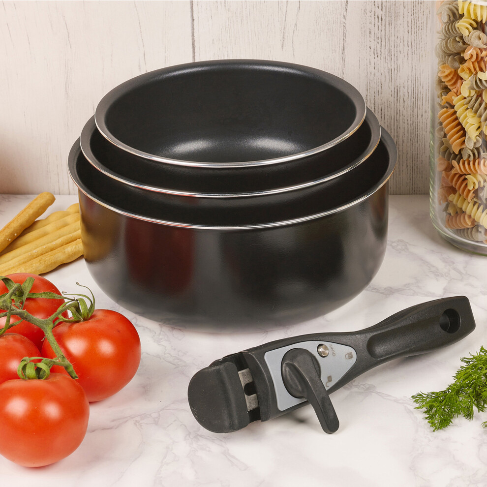 (4 Piece Saucepan Set) Black Stackable Frying & Saucepan Set | Non Stick Pan Set