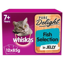 Whiskas 1+ Cat Pouches Pure Delight Fish Selection In Jelly 12x85g Pack (Pack of 4)