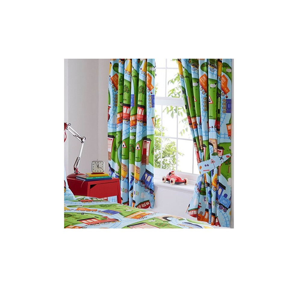 Kids Club Trains Fully Lined Pencil Pleat Headed Curtains, Polyester-Cotton, Multi-Colour, 182 x 167 cm