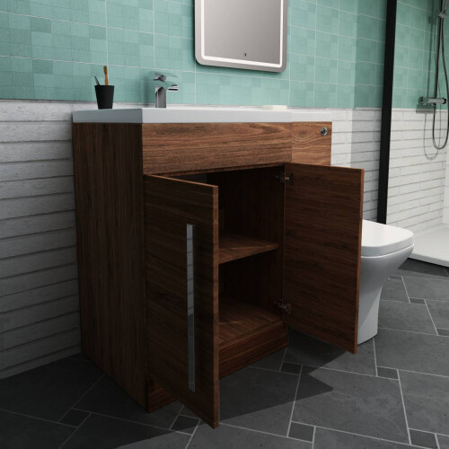 PlumbGalaxy Calm Walnut Left Hand Combination Vanity Unit Set with Toilet 1