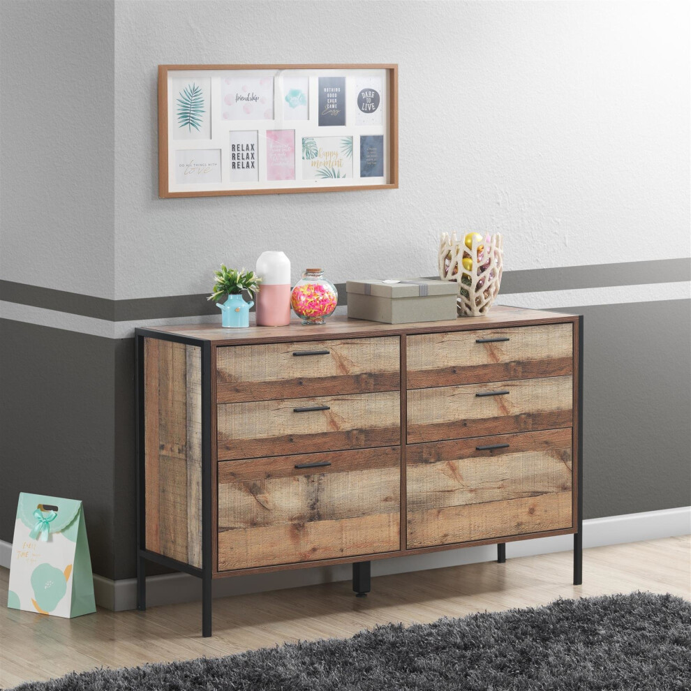 Stretton Rustic Chest 6 Drawers Bedroom Living Room Storage Industrial Oak