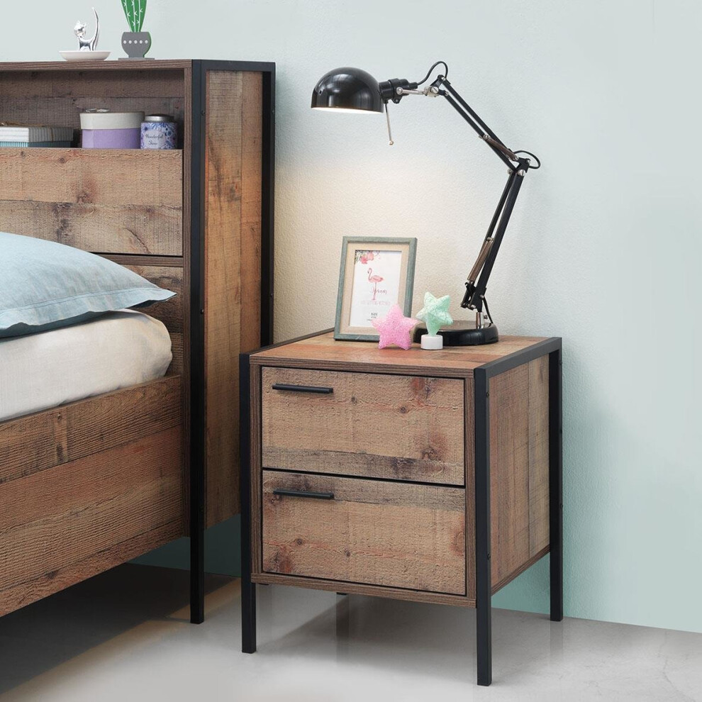 Stretton Urban Bedside Lamp Table with 2 Drawers Rustic Industrial Oak Effect