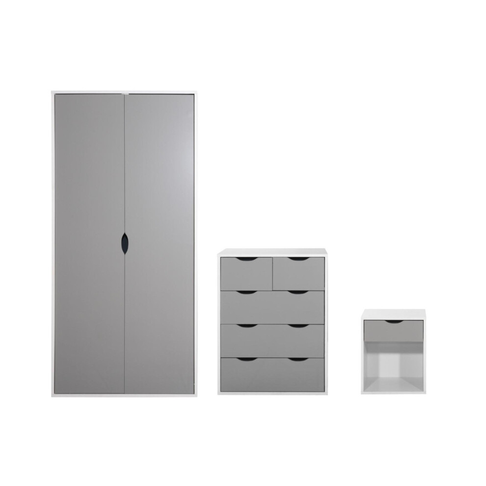 3 Piece Bedroom Furniture Set Wardrobe 3+2 Chest Drawers Bedside White & Grey