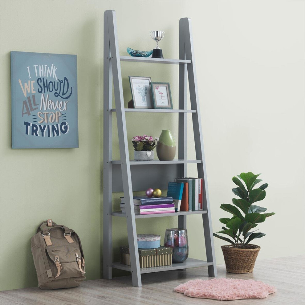 Riva Scandinavian Retro Ladder Bookcase Shelving Shelf Unit Grey 5 Tier