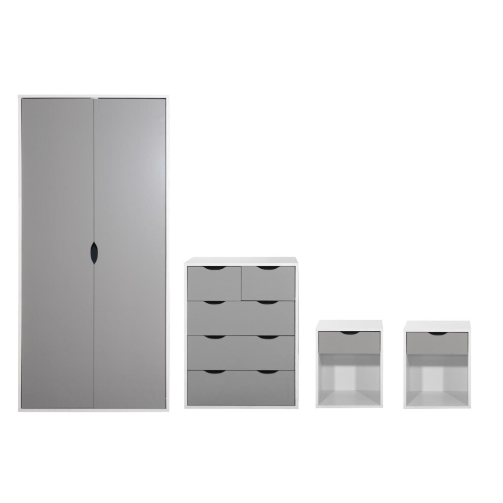 4 Piece Bedroom Furniture Set Wardrobe Chest Drawers 2 Bedsides White & Grey