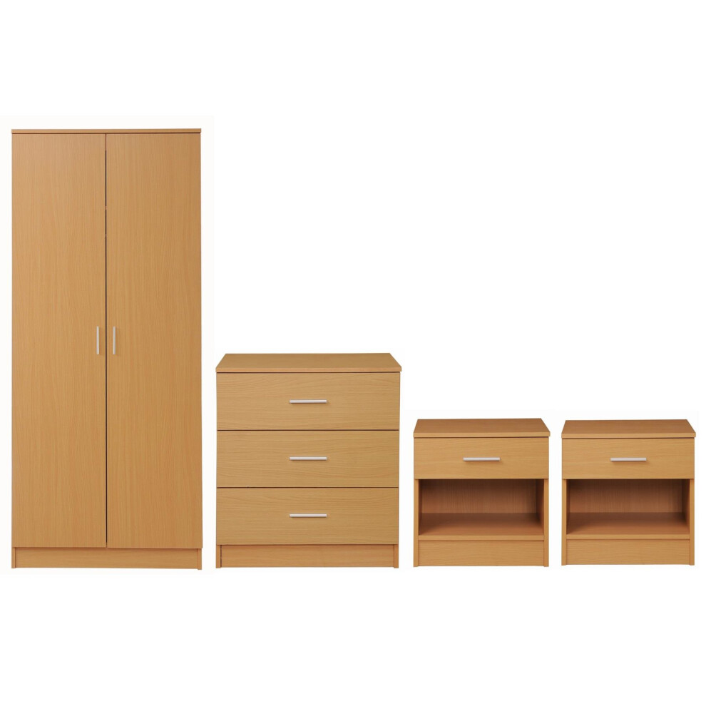 4 Piece Bedroom Furniture Set Wardrobe Chest Drawers 2 Bedside Table Beech