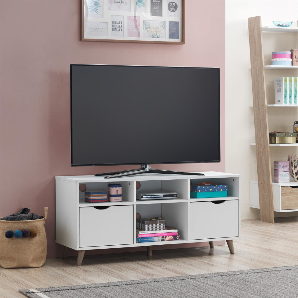 Pulford Scandi TV Unit Stand Cabinet 2 Drawer + Shelf White Media Cabinet
