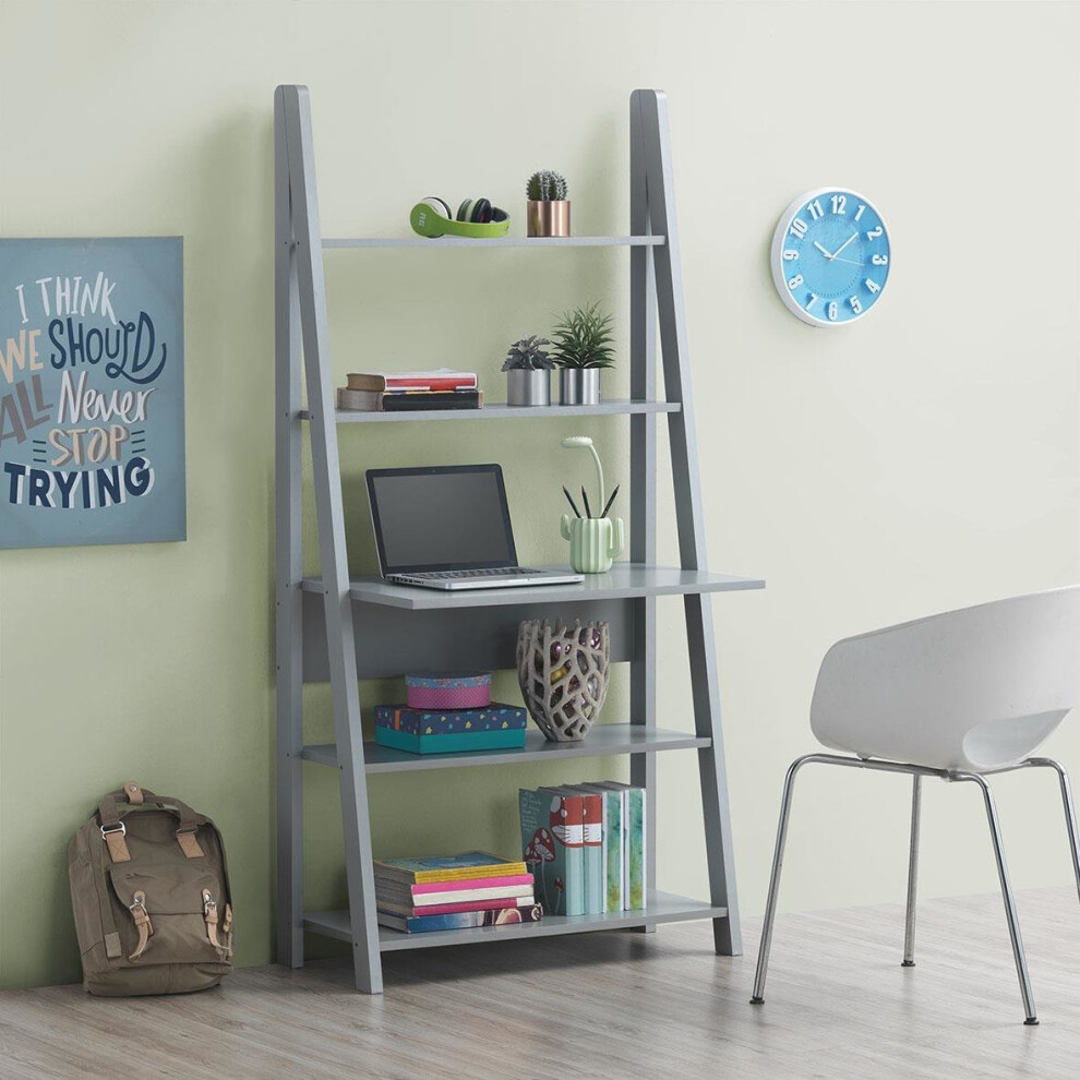 Timber Art Design Uk Riva Scandinavian Retro Ladder Bookcase Desk Shelving Shelf Unit 5 Tier Grey