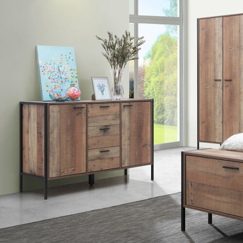 Timber Art Design UK Sideboard 2 Door 3 Drawer Oak Effect Storage Cupboard Living Dining Room Kitchen