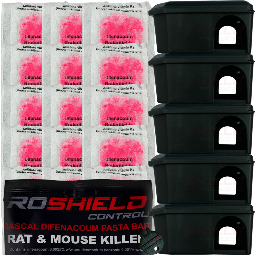 (Black) Roshield 5 Mouse Bait Boxes & 150g Pasta Poison Kit