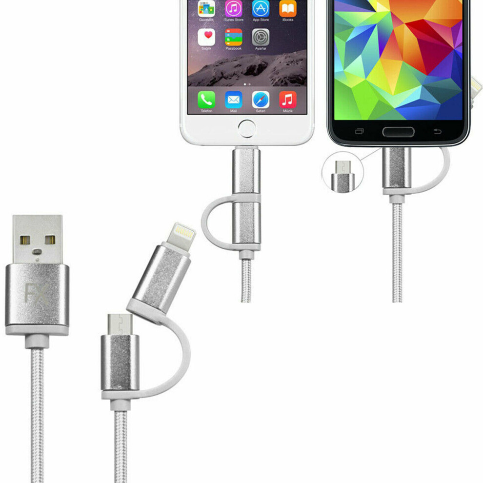 Aquarius Silver (, 1M) Fx 2 In 1 Micro Usb Braided Charge & Sync Cable 1M