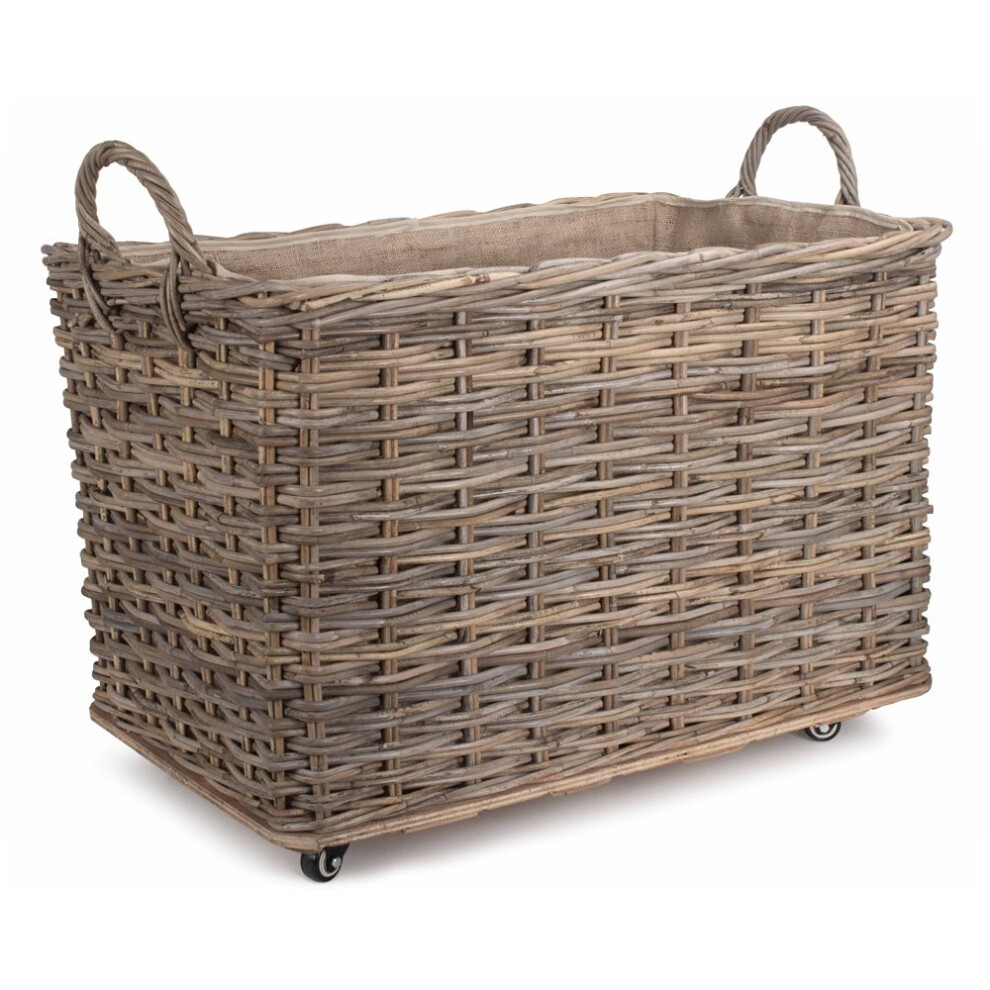 Rattan Large Wheeled Rattan Hessian Lined Log Basket